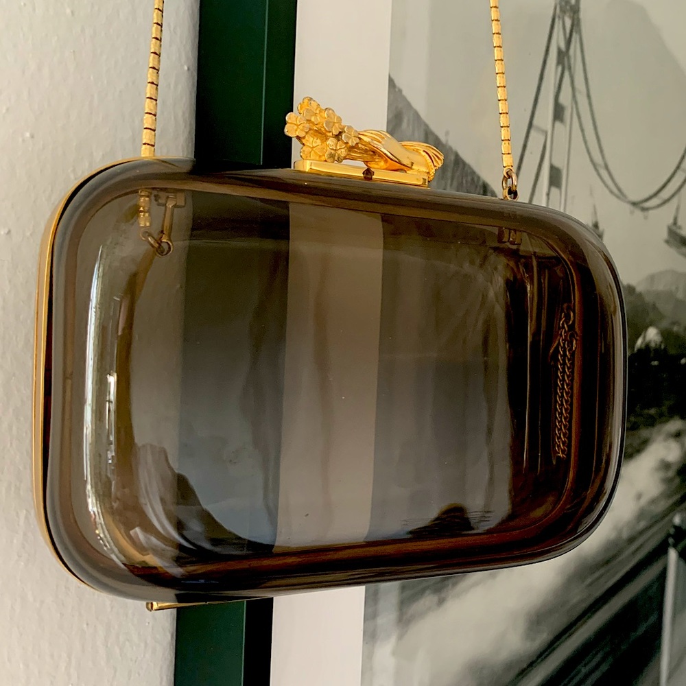 JUDITH LEIBER CLUTCH/HANDBAG — VERY GOOD VINTAGE CONDITION / SMOKE LUCITE + GOLD
